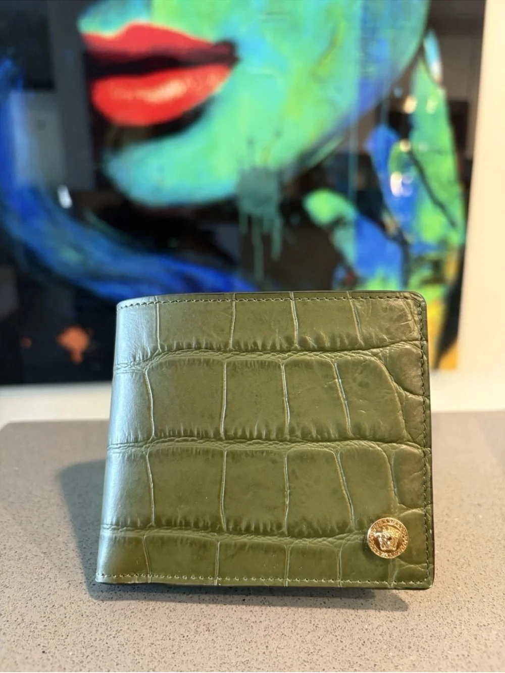 Versace Olive Green Croc-Embossed Leather Money Clip with Gold Medallion